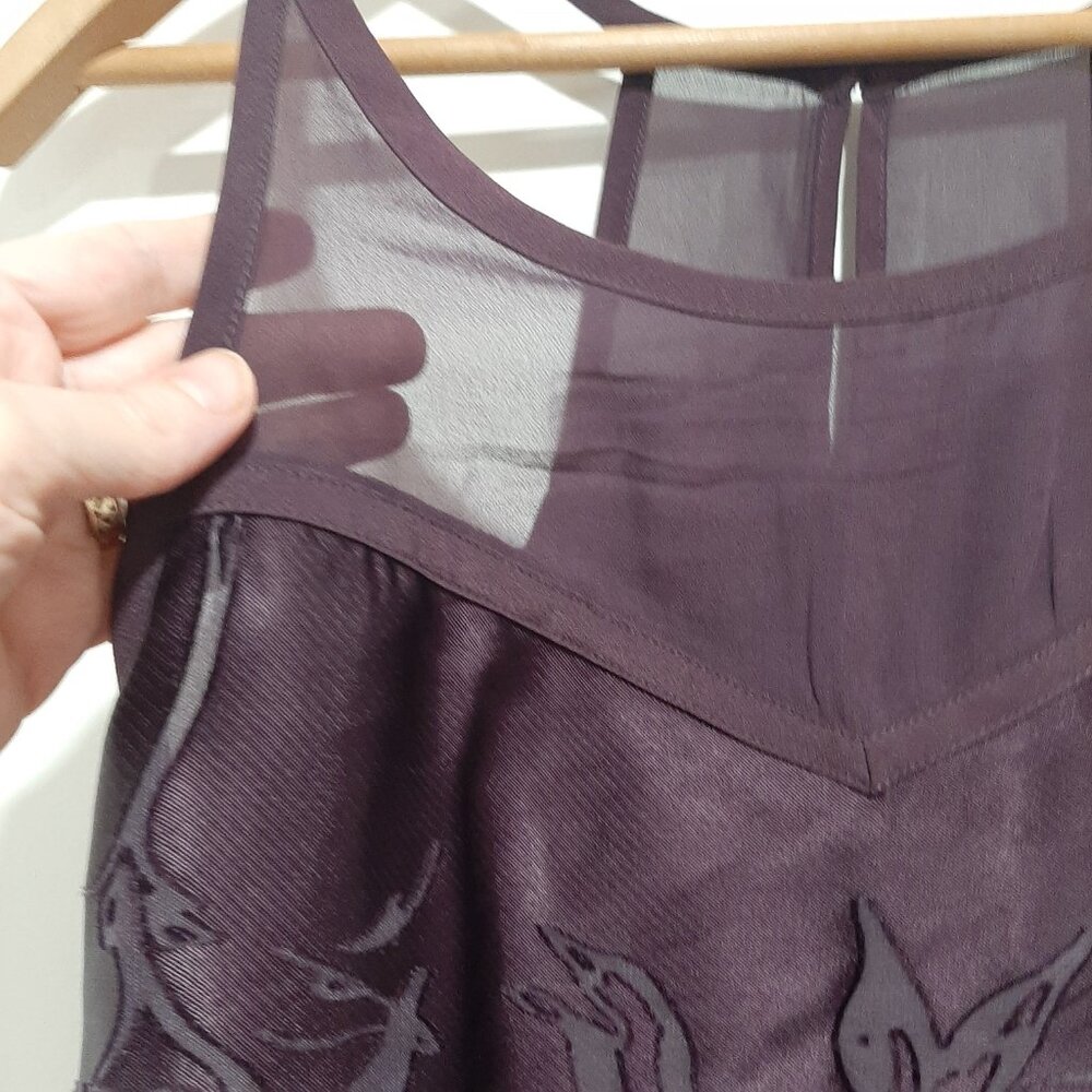 Y2k sheer silky whimsigoth purple floral minimalist festival relaxed fit blouse - Picture 3 of 11